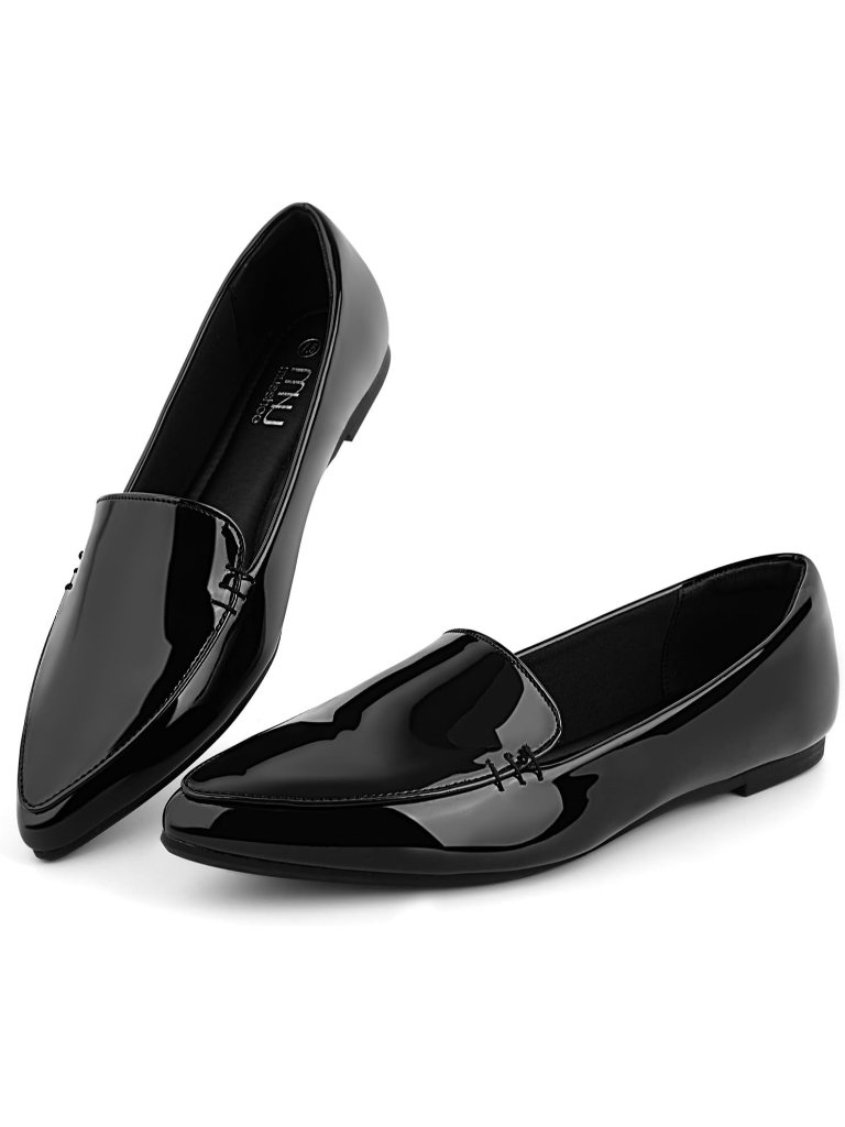 Women's Patent Black Comfortable Casual Shoes Slip On Loafers With Arch Support